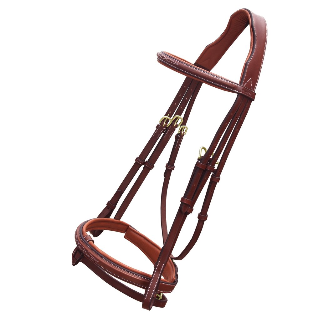 ExionPro Exion Anatomical Snaffle Jumping Bridle for Horses with Removable Flash Noseband & Rubber Reins  Premium Vegetable-Tanned Leather, Brass Buckles, Padded MonoCrown, Designer Stitching