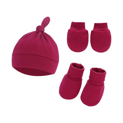 Baby Hats Mittens and Socks Set Unisex Cotton eanie Cap and Scratch Mitten Non-Slip Baby Ankle Socks (Wine, One Size)