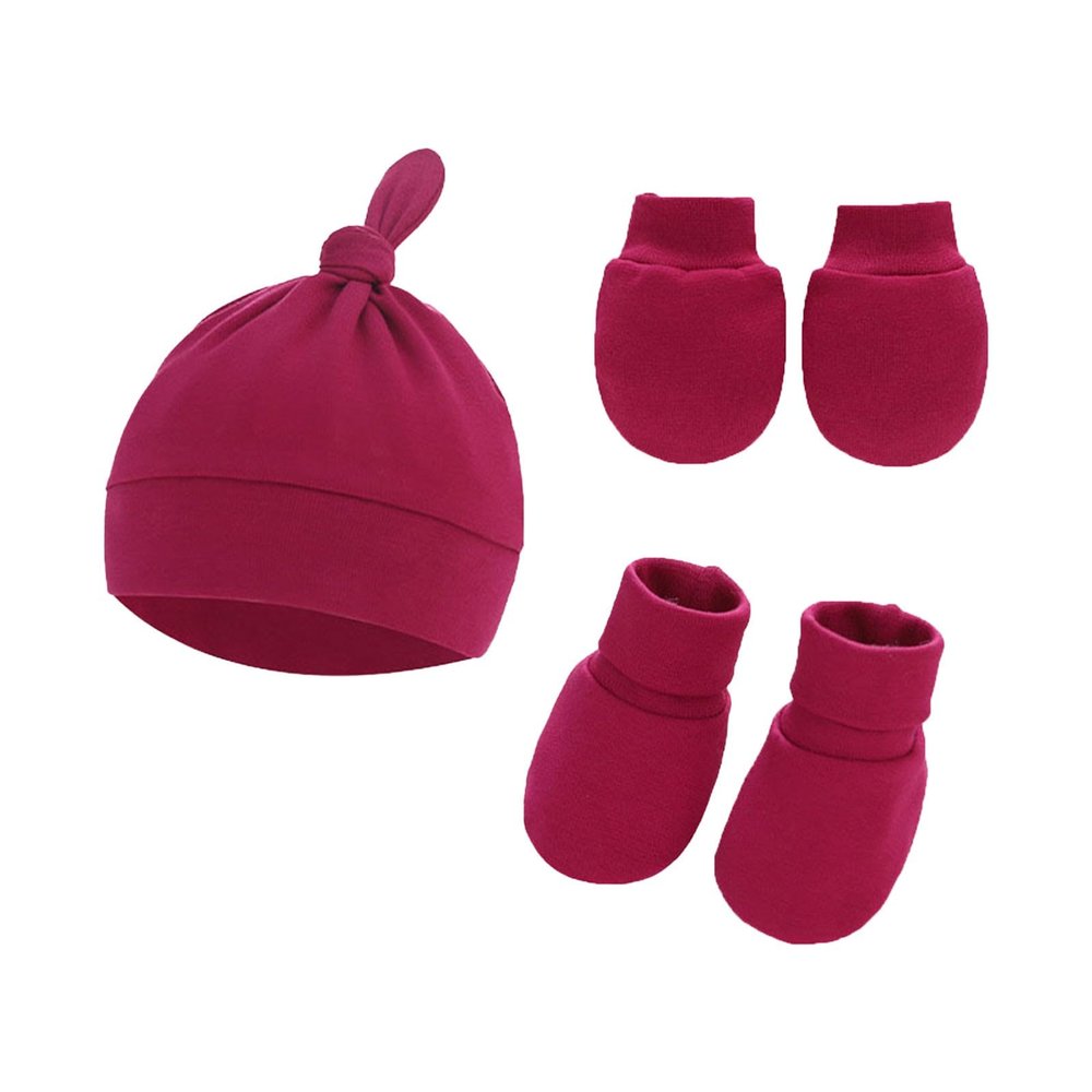 Baby Hats Mittens and Socks Set Unisex Cotton eanie Cap and Scratch Mitten Non-Slip Baby Ankle Socks (Wine, One Size)