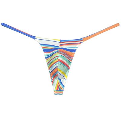 OROCOJUCO Men Posing Thong G-string Underwear Narrow Pouch T-back Minimal Coverage Tangas Bikini Swimwear White Rainbow Stripe L