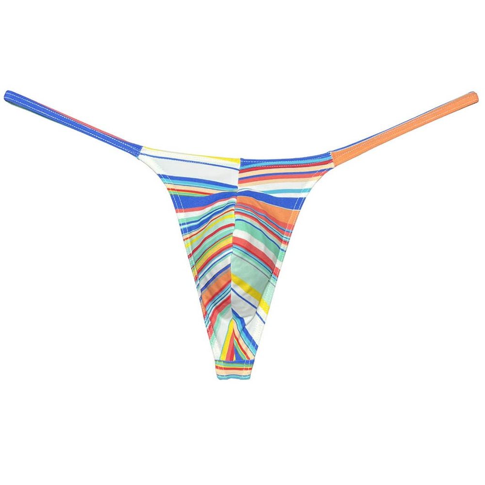 OROCOJUCO Men Posing Thong G-string Underwear Narrow Pouch T-back Minimal Coverage Tangas Bikini Swimwear White Rainbow Stripe L