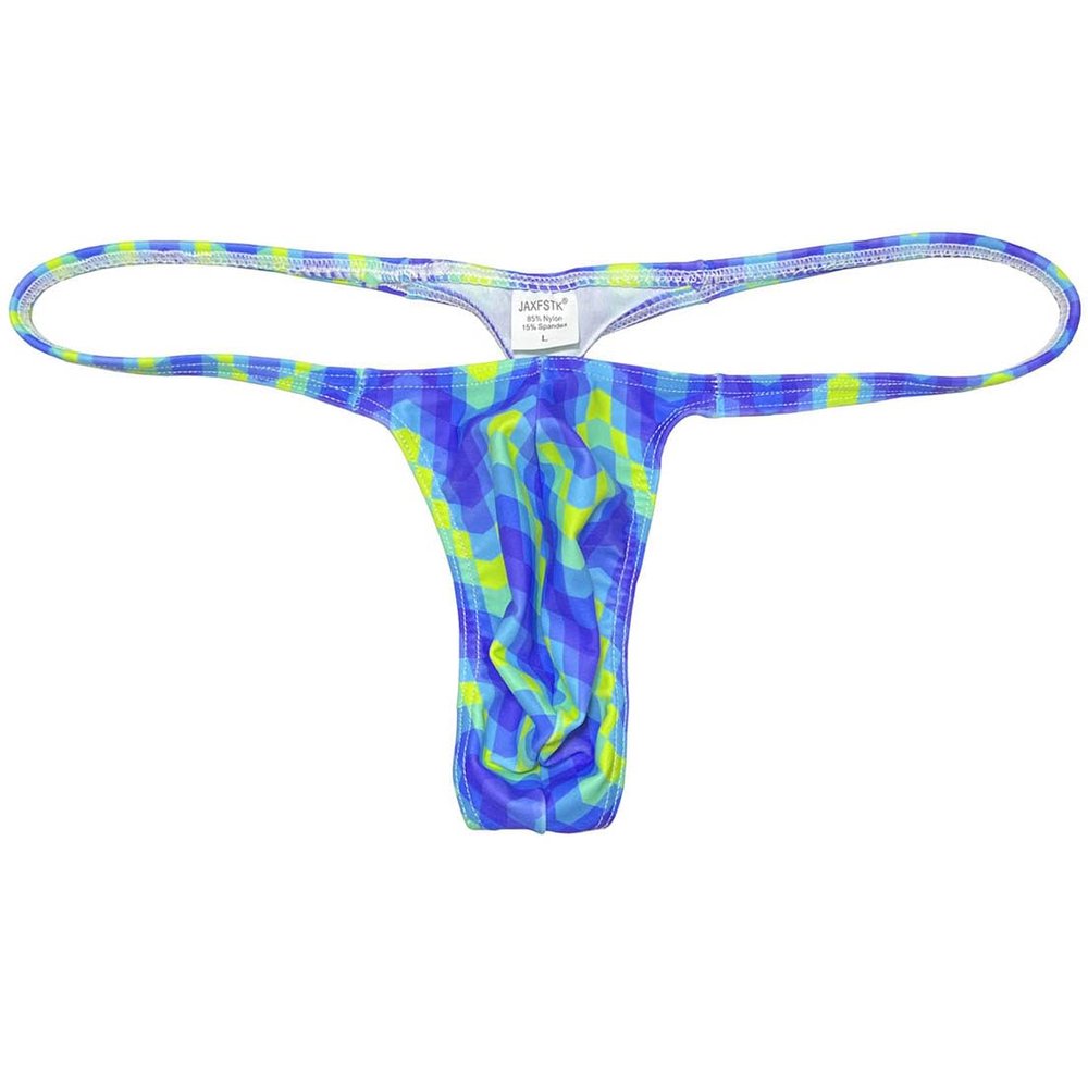 OROCOJUCO Men Posing Thong G-string Underwear Narrow Pouch T-back Minimal Coverage Tangas Bikini Swimwear Blue Mosaic M