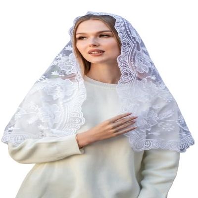 MariaVeils Catholic Mantilla Mass Veil - Triangle Cross Embroidery Church Lace Chapel Mass Head Covering Long Veil (White)