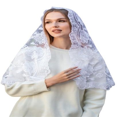 MariaVeils Catholic Mantilla Mass Veil - Triangle Cross Embroidery Church Lace Chapel Mass Head Covering Long Veil (White)