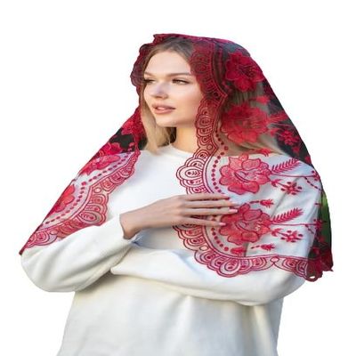 MariaVeils Catholic Mantilla Mass Veil - Triangle Cross Embroidery Church Lace Chapel Mass Head Covering Long Veil (Red/Black)