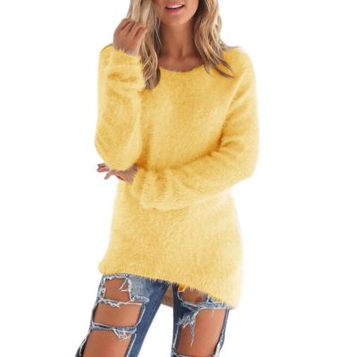 NaRHbrg Womens Furry Pullover Sweater Casual Long Sleeve Fall Sweaters Crew Neck Solid Color Soft Tunic Tops Loose Fit Jumper Yellow