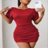 Women's Dresses Ruched Batwing Sleeve Dress Dress for Women Dress (Color : Burgundy, Size : Medium) view 1