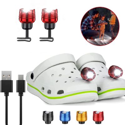 2 Pcs Rechargable Metal Red Headlights for Shoes, Outdoor Waterproof LED Flashlight , Clip on Crock Light Attachment Charm, Accessories for Camping, Cycling, Walking, 3 Light Modes, Last 72 Hour