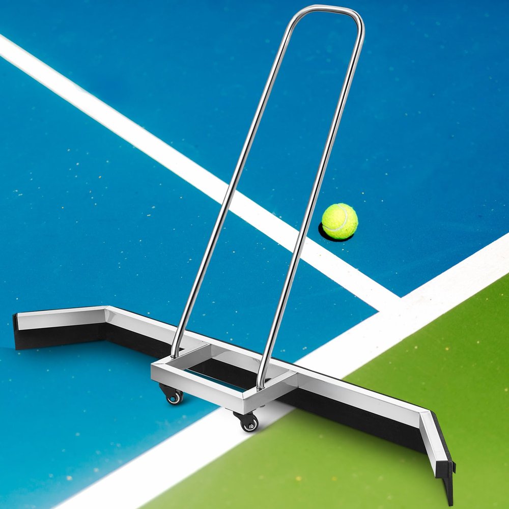 Leyndo 1 Pcs Tennis Court Squeegee 54 inches Floor Broom Commercial with Handle and Wheels Professional Water Remover Stainless Steel Sport Court Accessories, Silver