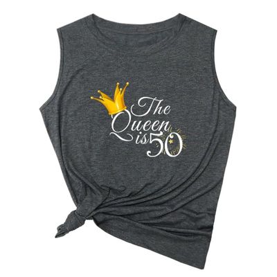 ROSSOSSOR Graphic 50th Birthday Tank Tops for Women The Queen is 50 Casual Sleeveless Shirts (Grey, Large)