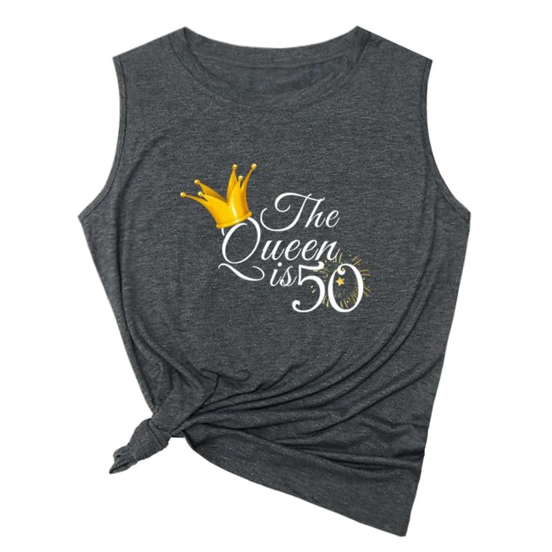 ROSSOSSOR Graphic 50th Birthday Tank Tops for Women The Queen is 50 Casual Sleeveless Shirts (Grey, Large)