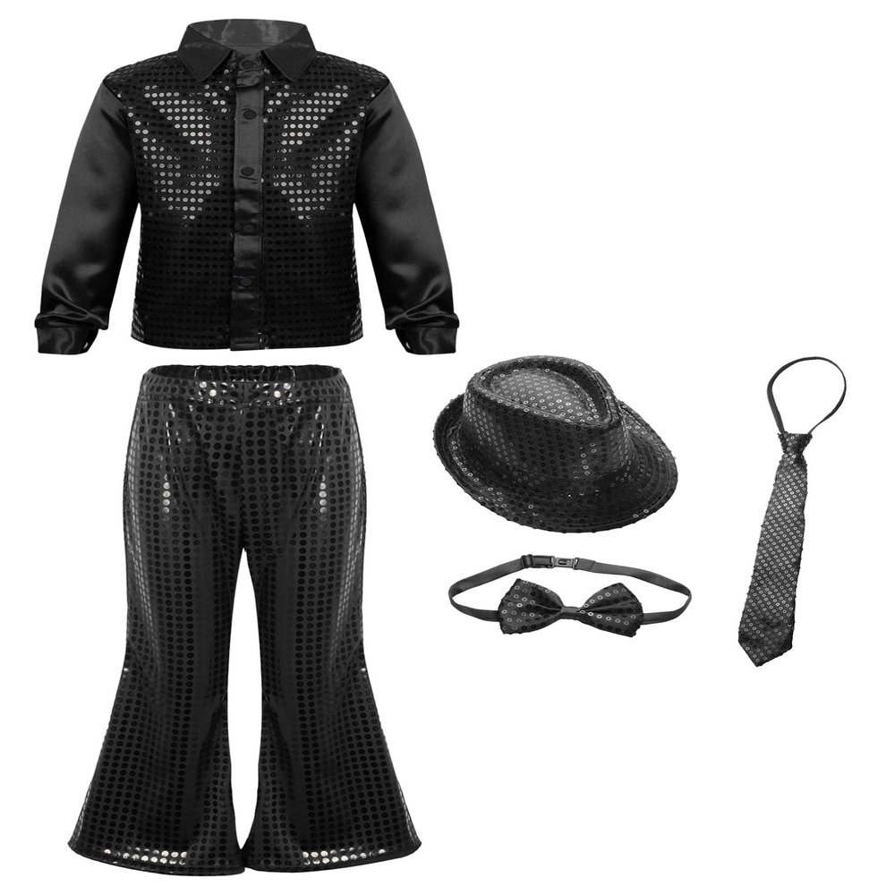 JEATHA Boys Hip-hop Latin Jazz Dance Costume Kids Sparkly Sequins Shirts with Matching Pants Hat Accessories Black A 13-14 Years
