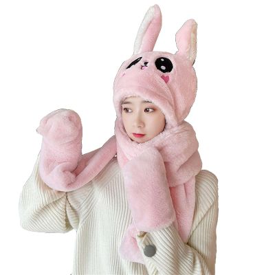 Thickened Plush one-Piece Warm hat Rabbit Ears Will Move Fall and Winter Warm hat Scarf Gloves Three-Piece Set (Color : Pink, Size : Talla nica)