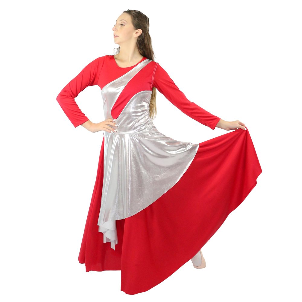 Danzcue Womens Worship Asymmetrical Dance Sleeveless Tunic Praise Dance Overlaysfor Women (Dress Not Included), Scarlet Silver, Large-X-Large
