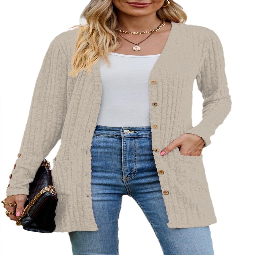 Askyes Womens Cardigan Lightweight for Fall Knit Loose Button Down Cute 2025 Trendy Fashion Cardigan with Pockets,Khaki,L