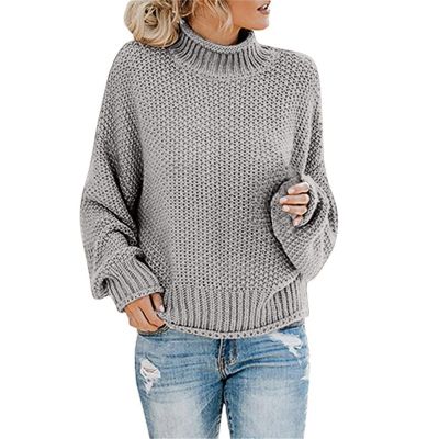 Womens Oversized Turtleneck Knit Sweater Fall Winter Long Sleeve High Neck Chunky Knit Loose Oversized Sweater Pullover Jumper Tops Plus Size Grey