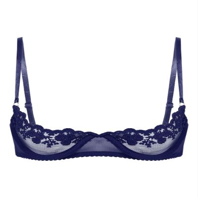 Hularka Women's Sexy Lace 1/4 Cup Bra Balconette Bralette Push Up Underwired Unlined Plunge Bras Navy Blue Large