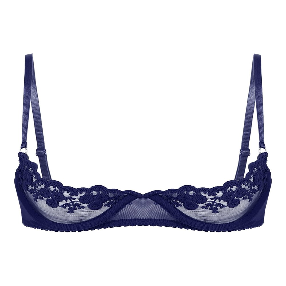 Hularka Women's Sexy Lace 1/4 Cup Bra Balconette Bralette Push Up Underwired Unlined Plunge Bras Navy Blue Large