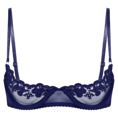 easyforever Women's Underwire Push Up Shelf Bra Top Lace Trim 1/4 Cup Brassiere Bandeau Bustier Navy Blue A Large