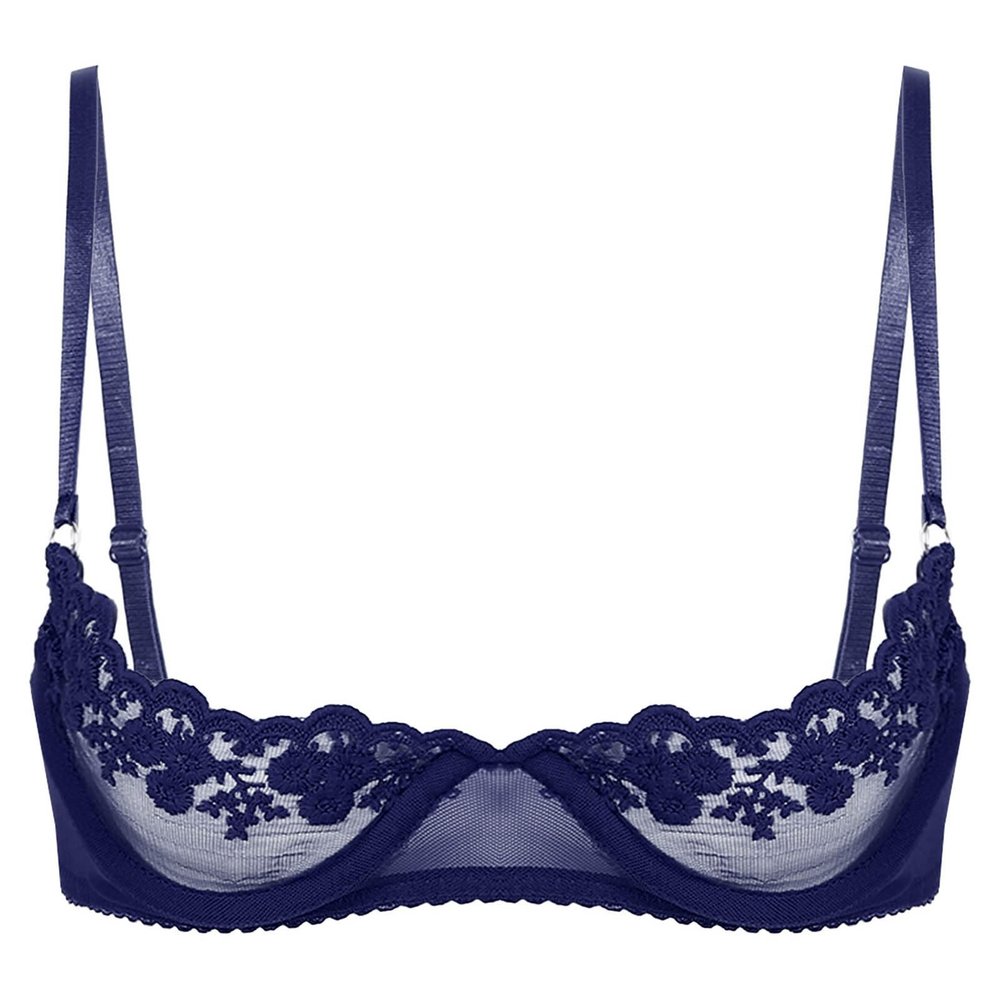 easyforever Women's Underwire Push Up Shelf Bra Top Lace Trim 1/4 Cup Brassiere Bandeau Bustier Navy Blue A Large