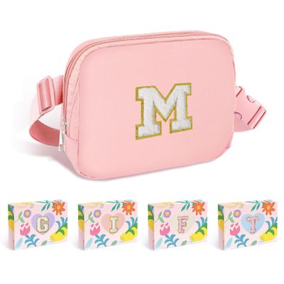 COSHAYSOO Pink Fanny Pack Belt Bag Crossbody Purse for Teen Girls 6 7 8 9 10 11 12 13 Year Old Women Personalized Cute Initial Graduation Birthday Gifts Tween Preteen Girly Stuff Chenille Letter M