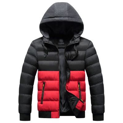 Men's Color Block Hood Puffer Jacket Zip Up Slim Fit Hooded Down Coat Winter Warm Thicken Casual Puffer Coats (Red,3X-Large)
