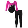 easyforever Kids Girls Long Sleeve Gymnastics Leotard Sparkly Rhinestone Tumbling Dance Bodysuit with Leggings Set Hot Pink&Black 6 Years view 2