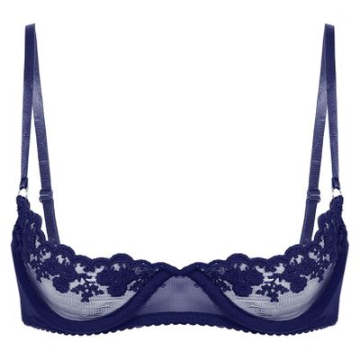 ACSUSS Womens Sheer Lace Lingerie 1/4 Cups Underwire Bras Bare Exposed Breast Push Up Bra Tops Navy Blue Large