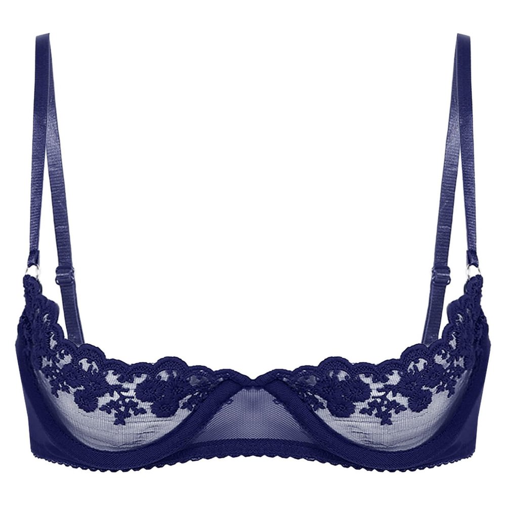 ACSUSS Womens Sheer Lace Lingerie 1/4 Cups Underwire Bras Bare Exposed Breast Push Up Bra Tops Navy Blue Large