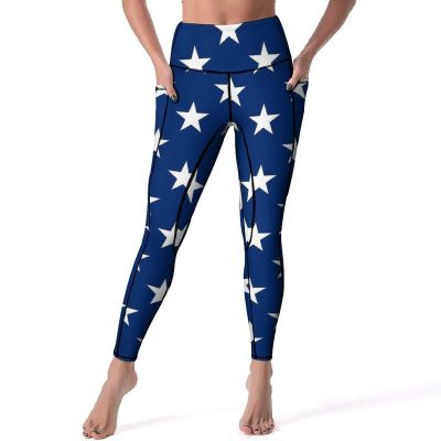 American Flag Navy Blue Stars Women's Yoga Pants Leggings with Pockets High Waist Workout Pants