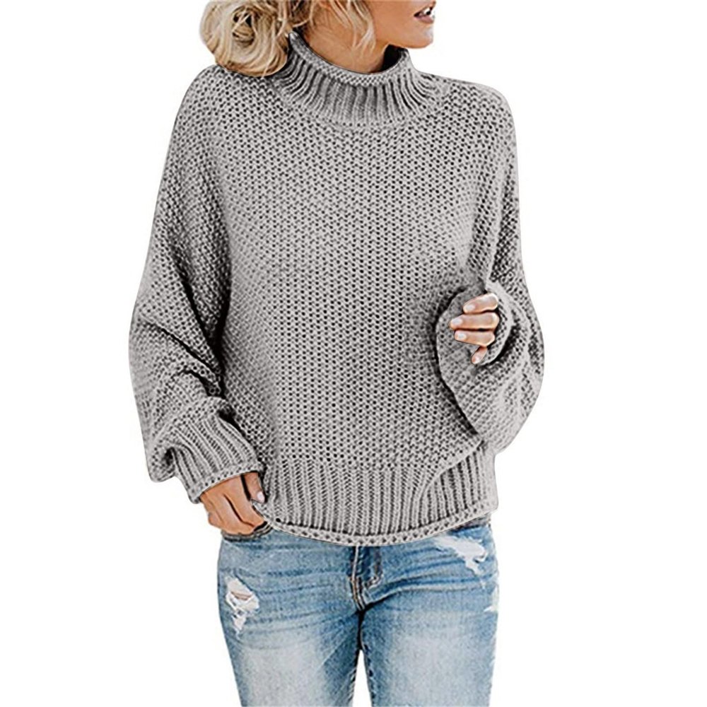 Womens Oversized Turtleneck Knit Sweater Fall Winter Long Sleeve High Neck Chunky Knit Loose Oversized Sweater Pullover Jumper Tops Plus Size Grey