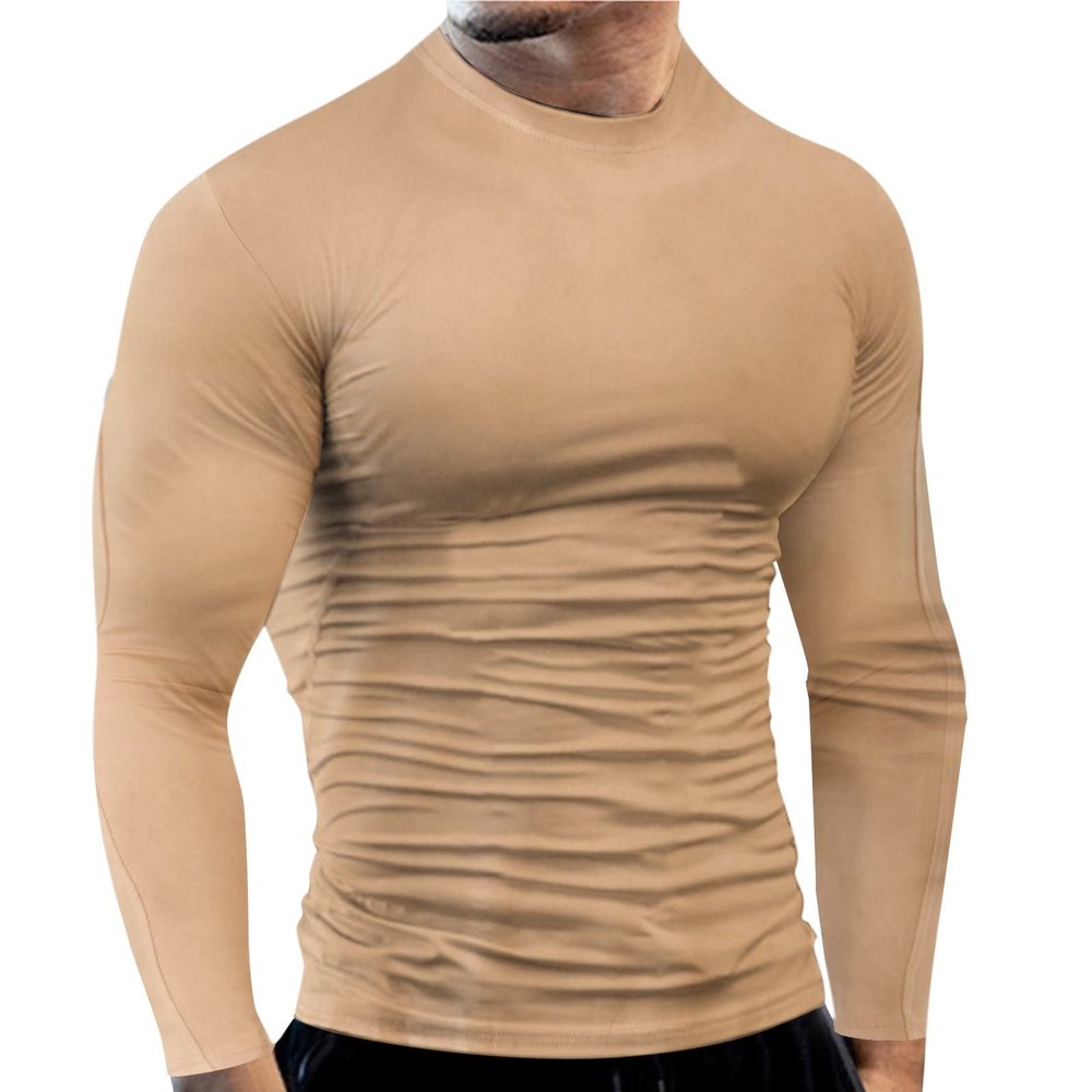Compression Shirts for Men Quick Dry Long Sleeve Workout Running Sports Shirts Athletic Gym Undershirts Active Baselayers Rash Guard Gear T Shirt Khaki