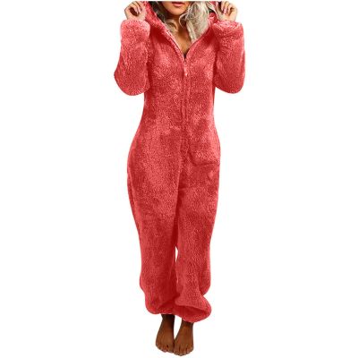 Adult Onesie Pajama for Women Cute Fluffy Winter One Piece Teddy Bear Pajamas Plush Warm Hoodie Sleepwear Plus Size Watermelon Red