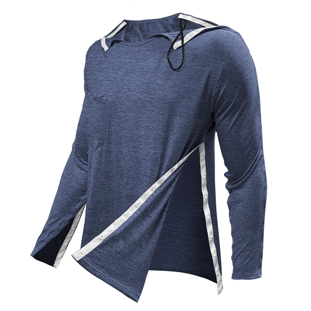 Post Shoulder Surgery Shirts for Men Tearaway Recovery Long Sleeve Shirt Women Full Open Side Snap Chemo Dialysis Adaptive Clothing Navy S