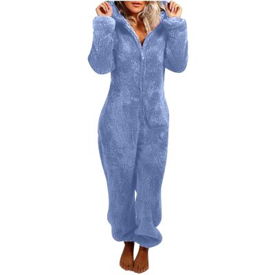 Adult Onesie Pajama for Women Cute Fluffy Winter One Piece Teddy Bear Pajamas Plush Warm Hoodie Sleepwear Plus Size Blue
