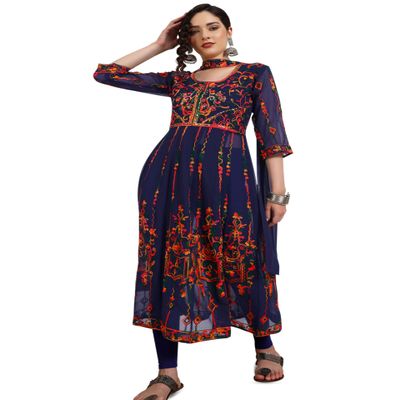 Women's Georgette Embroidered and Sequence Work Anarkali Kurta and Dupatta Set(KD3-Devi-Navy_L)