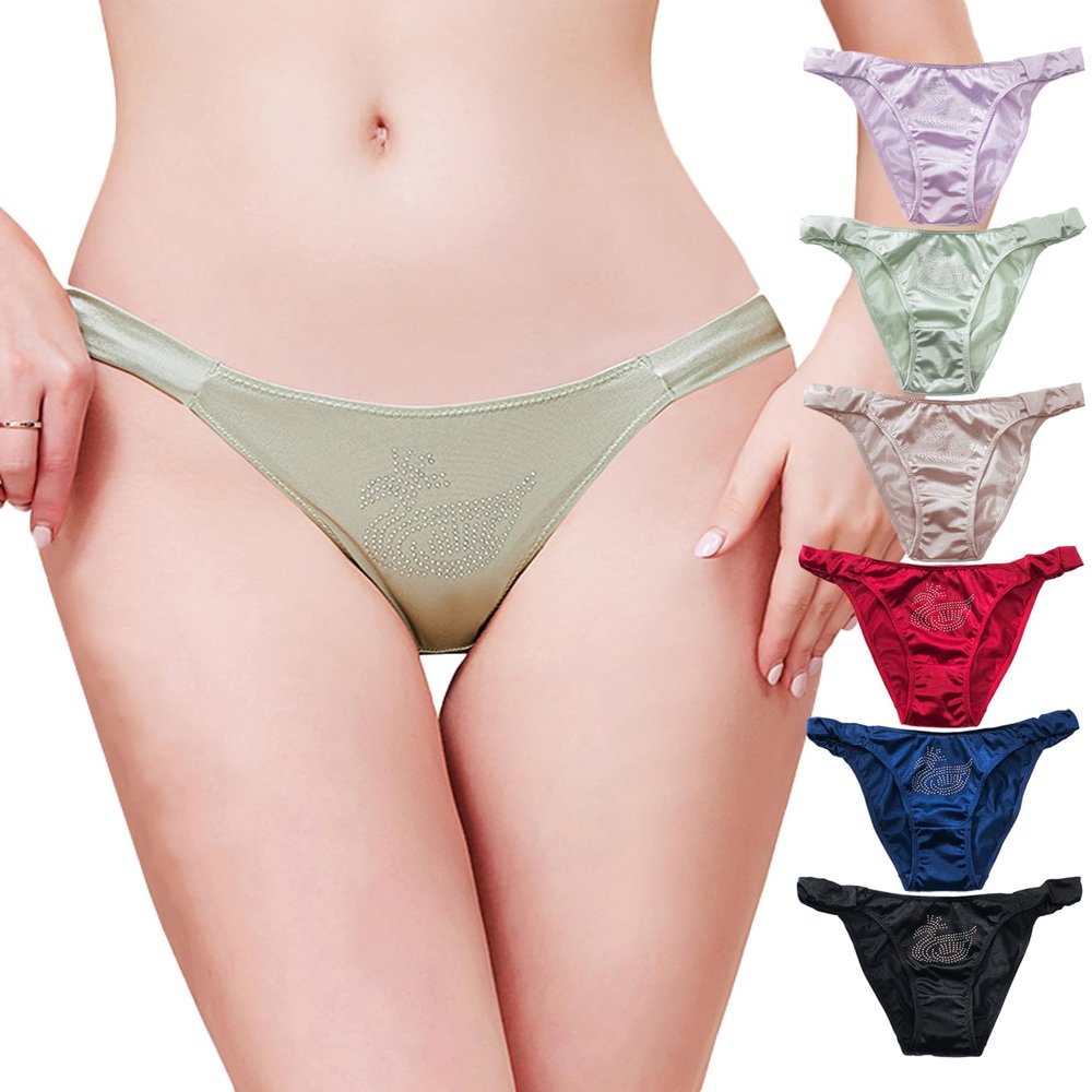 abandi 6 Pack Womens Silk String Bikini Satin Panties Soft Smooth Briefs Frill Trim Ruched Cheeky Underwear, Size M
