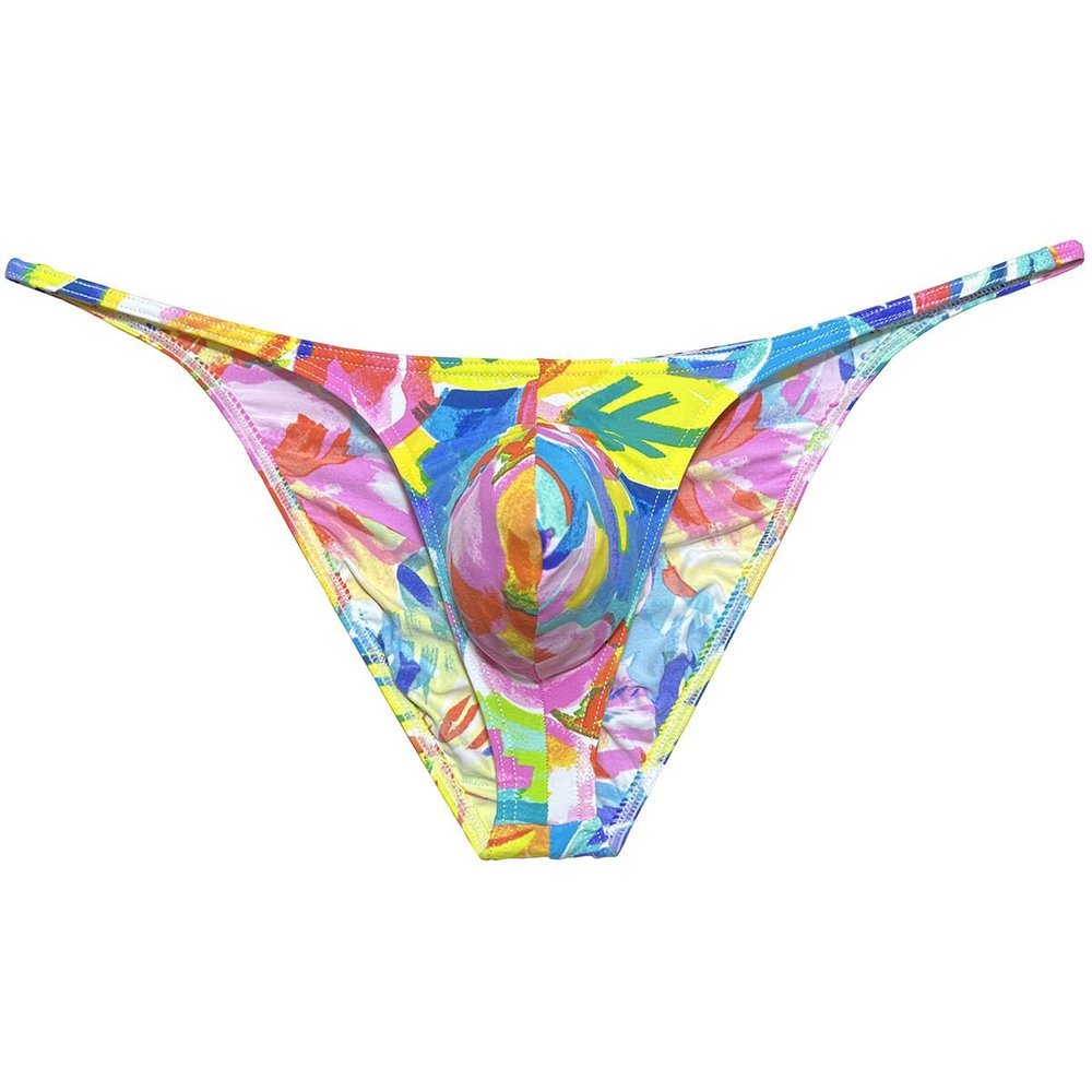 Botmois Men Mini Cheek Underwear Pouch Skimpy Briefs Stretchy Ruched Back Swimwear Soft Posing Bikini Yellow Oil Painting M