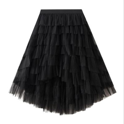 Honeystore Women's Fairy Tulle Skirt A-Line High Low Layered Midi Elastic Waist Party Tutu Petticoat 1379-Black