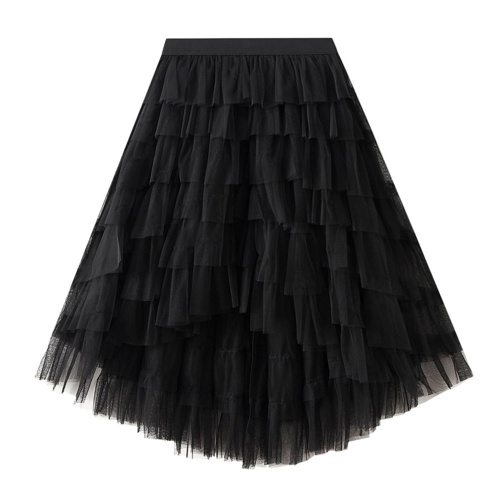 Honeystore Women's Fairy Tulle Skirt A-Line High Low Layered Midi Elastic Waist Party Tutu Petticoat 1379-Black