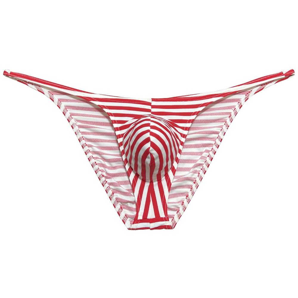 Botmois Men Mini Cheek Underwear Pouch Skimpy Briefs Stretchy Ruched Back Swimwear Soft Posing Bikini Small Red Stripe XL