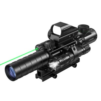 MidTen 3-9x32 5-in-1 Scope Combo with Dual Illuminated Rangefinder Reticle Scope, Laser Sight, Red Dot Sight, Flashlight with 20mm Mount, Green