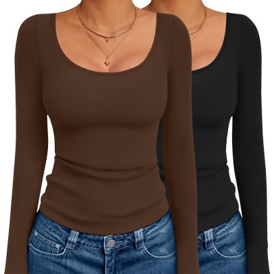 Ekouaer 2 Pack Long Sleeve Shirts for Womens Scoop Neck Tops Slim Fit Undershirts Basic Thermal Tee Shirt Black/Coffee XS