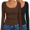 Ekouaer 2 Pack Long Sleeve Shirts for Womens Scoop Neck Tops Slim Fit Undershirts Basic Thermal Tee Shirt Black/Coffee XS view 1