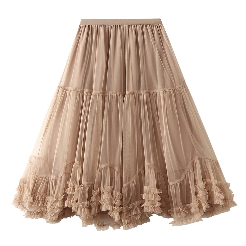 Honeystore Women's Long Midi Skirt A Line Tulle Tutu Tiered Party Dance Petticoat 8023-Khaki