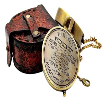Handcrafted Engraved Brass Compass to My Son with Leather Case Gift to My Son Nautical Vintage with Intricate Detailing