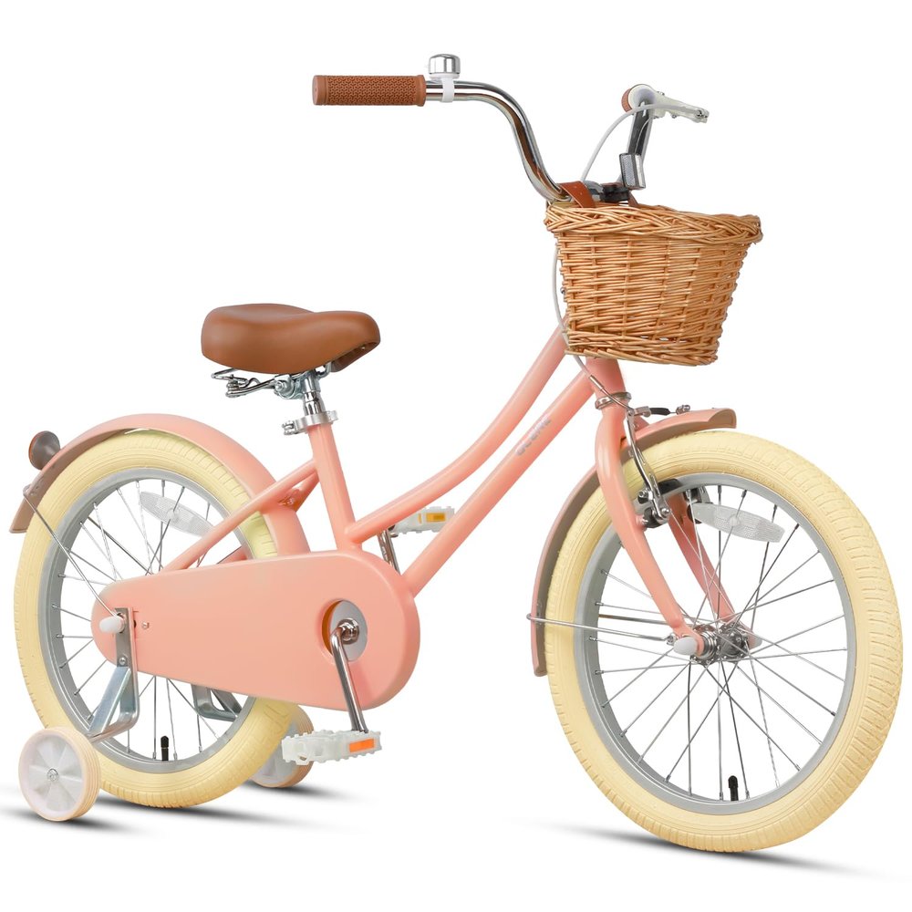 Glerc Little Molly 18 Inch Kids Bike, Retro Cruiser Girls Bike for Children Ages 5-9 Years Old, Kids Bicycle with Wicker Basket & Kickstand, Peach