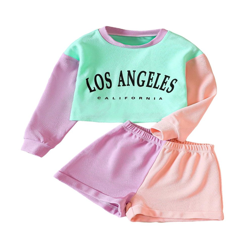 WDIRARA Girl's 2 Piece Outfit Letter Print Color Block Round Neck Long Sleeve Sweatshirt and Shorts Set Multicolor 130