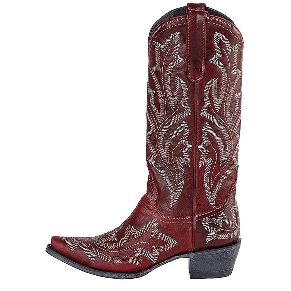 Ladmiple Womens Cowboy Boots Brown Leather Women's Embroidered Western Cowboy Boots Knee High Stitching Almond Medium Heel Chunky Heel Pointed Toe Fashion Retro Classic Boot Pull-On