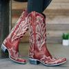Ladmiple Womens Cowboy Boots Brown Leather Women's Embroidered Western Cowboy Boots Knee High Stitching Almond Medium Heel Chunky Heel Pointed Toe Fashion Retro Classic Boot Pull-On view 2
